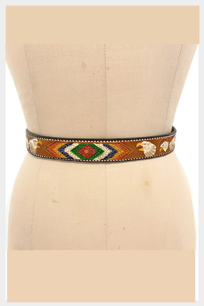 1970s hand tooled hand painted Mexican vintage leather belt with American eagles  | Size 26 -30