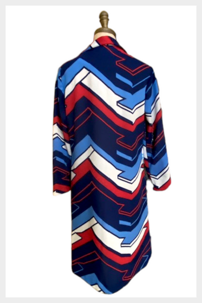 1970s OP Art long- sleeved red, white, and blue bold print mod dress | medium large