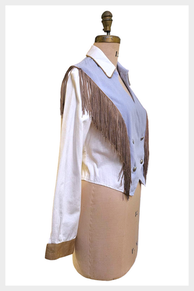 1980s cropped fringed western style shirt | vintage 80s sexy key hole collar double breasted top | medium