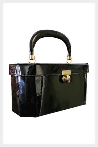 1960s black patent vinyl box purse with brass hardware MOD top handle handbag