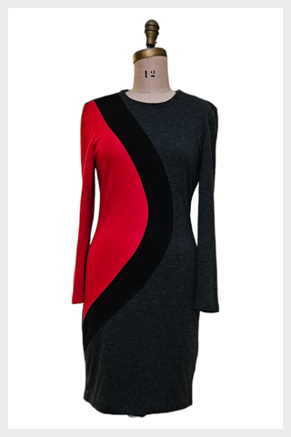 1980s red, black and gray color blocked dress | 80s All That Jazz knit dress | medium