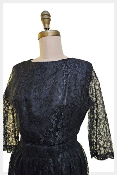 1950s black lace overlay party dress fit and flare formal dress | medium waist 30