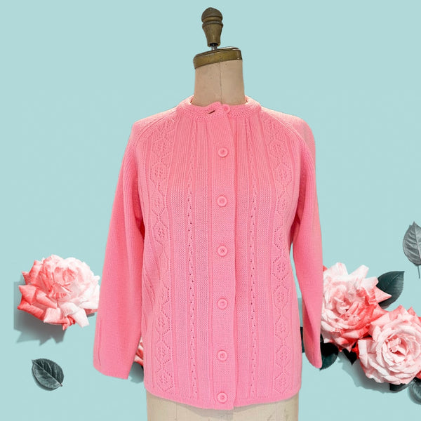 Vintage 1960s pink cardigan | 60s button front bright pink sweater | size medium