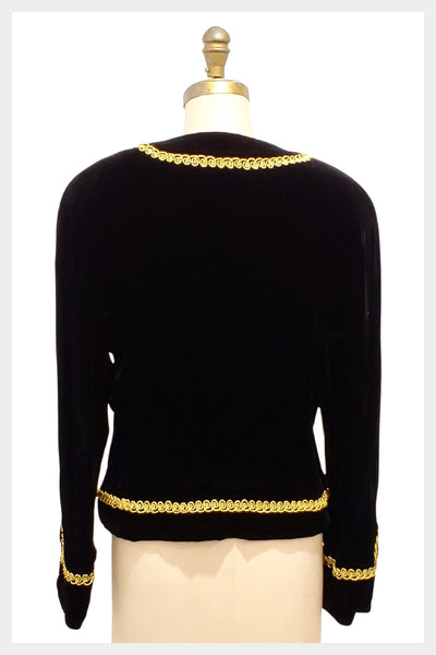 Sophisticated 1980s Femme de Carriere classic black velvet jacket with gold looped rope accent trim