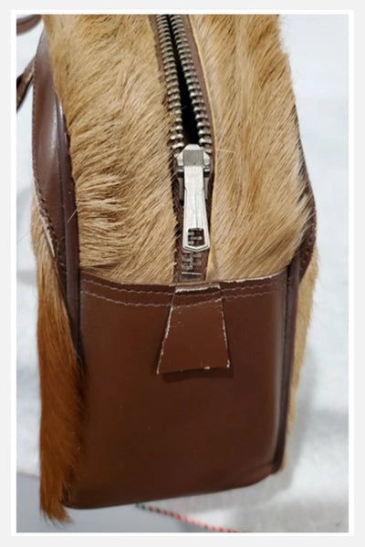 1970s handmade Hide handbag with brown leather handles