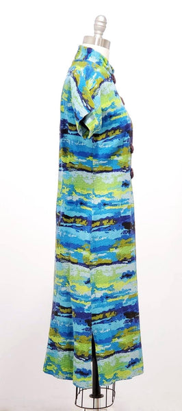 1950s barkcloth Cheongsam styled dress in ocean colours