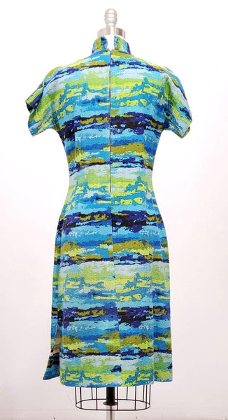1950s barkcloth Cheongsam styled dress in ocean colours