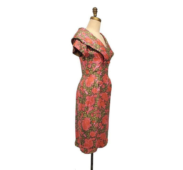 1950s Algo Original floral silk wiggle dress with shawl collar | medium