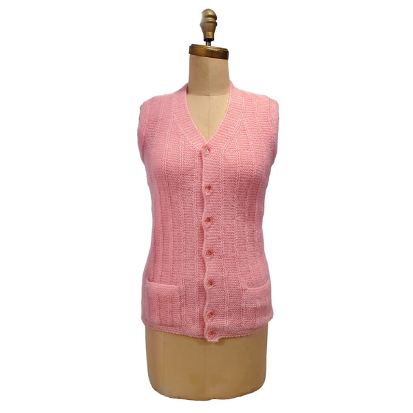 Bubble Gum Pink | 1960s hand knitted button front pink vest | small