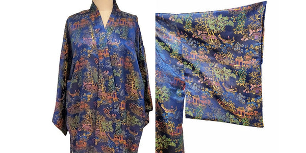 Sensuality of the Orient | 1960s/1970s dark blue Chinese brocade Kimono | medium - large