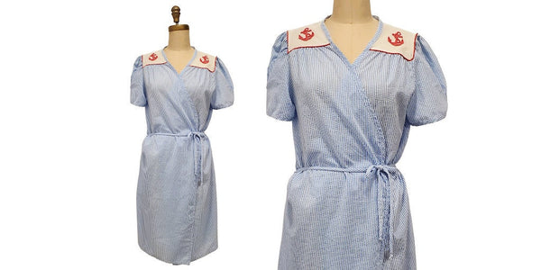1960s blue and white striped nautical seersucker wrap robe | small
