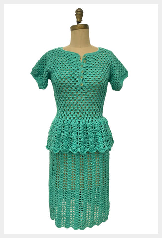 Vintage green hand crochet 40s style lace crochet dress