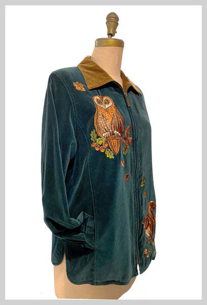 1990s Bob Mackie Wearable Art lightweight velvet green and brown coat with embroidered owl and squirrel | size small to medium