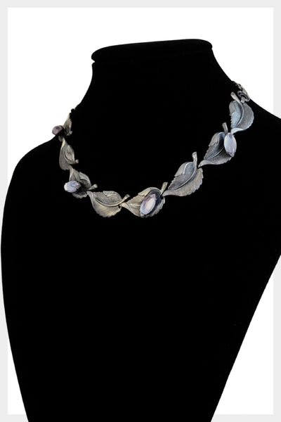 Midcentury 1950s feather design linked pewter and cabochon choker necklace