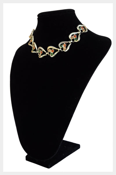 Midcentury Coro Signed Heart design linked gold tone and rhinestone choker necklace