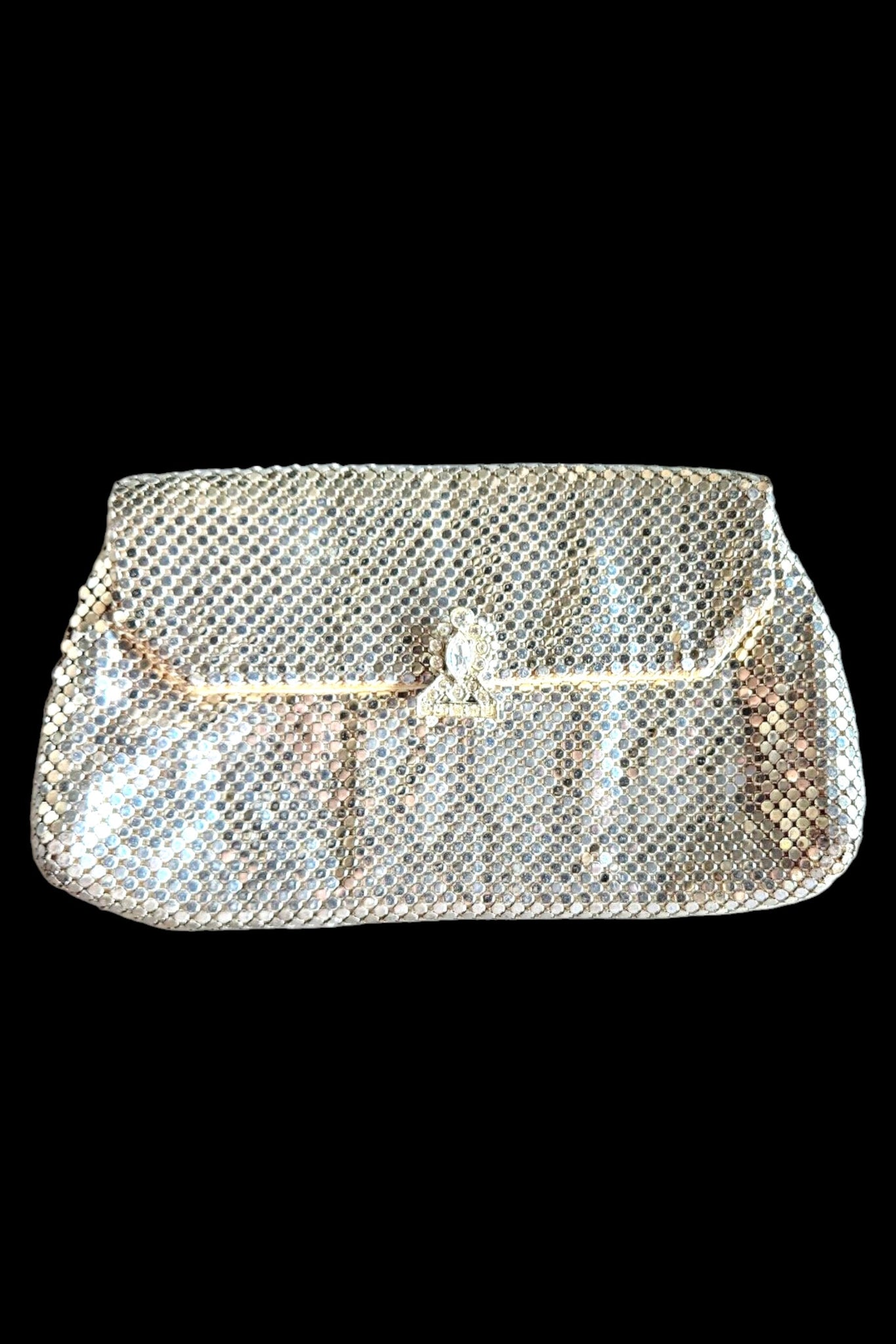 1950s Whiting and Davis silver tone mesh envelope style handbag | vintage 50s mesh evening bag with rhinestone clasp