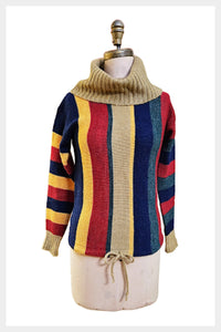 1970s cowl neck striped multi-coloured sweater with drawstring waist | size small