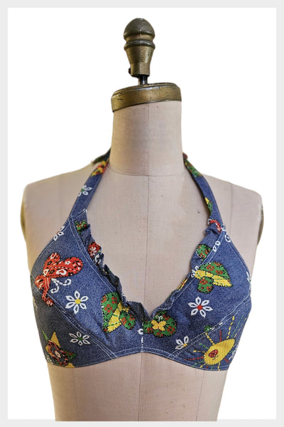 1970s novelty print boho halter top | vintage 70s rockabilly bra top | blue beach party pin up top | 34C