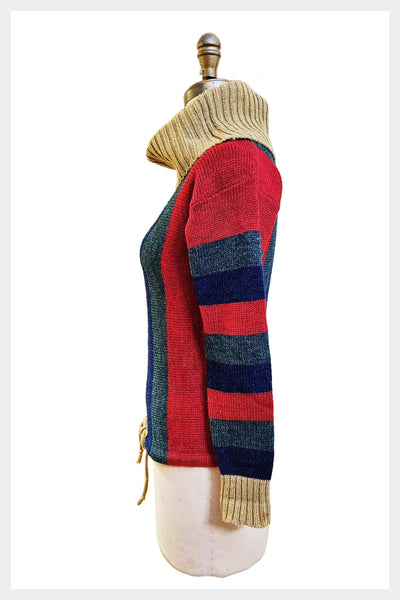 1970s cowl neck striped multi-coloured sweater with drawstring waist | size small