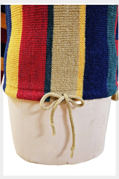 1970s cowl neck striped multi-coloured sweater with drawstring waist | size small