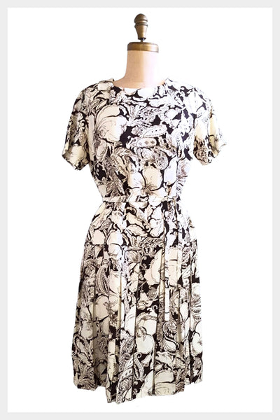 1960s brown and white floral dress | 60s drop waisted dress with tie belt  | size medium