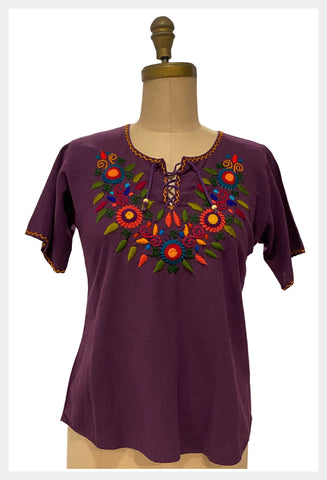 Vintage 1980s hand embroidered boho cotton top | 80s folk embroidery purple shirt | size small