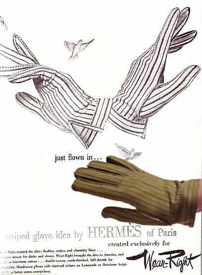 Vintage 1950s Hermes Paris Le Gant Wear-Right Vintage olive green with charcoal stripe | Wrist GLOVES