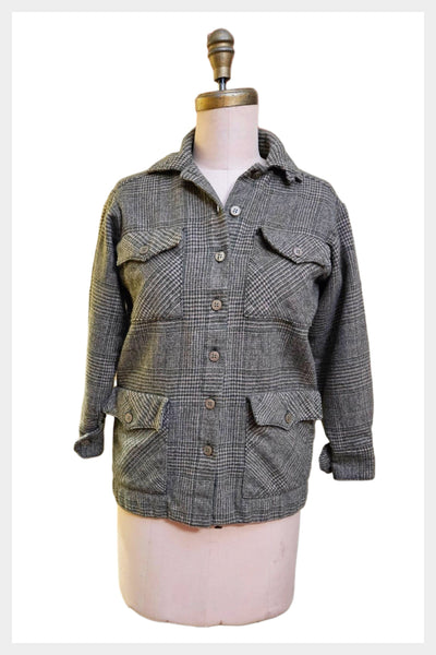 1970s sage green plaid on coffee brown blazer | vintage 70s tweed shacket | small petite