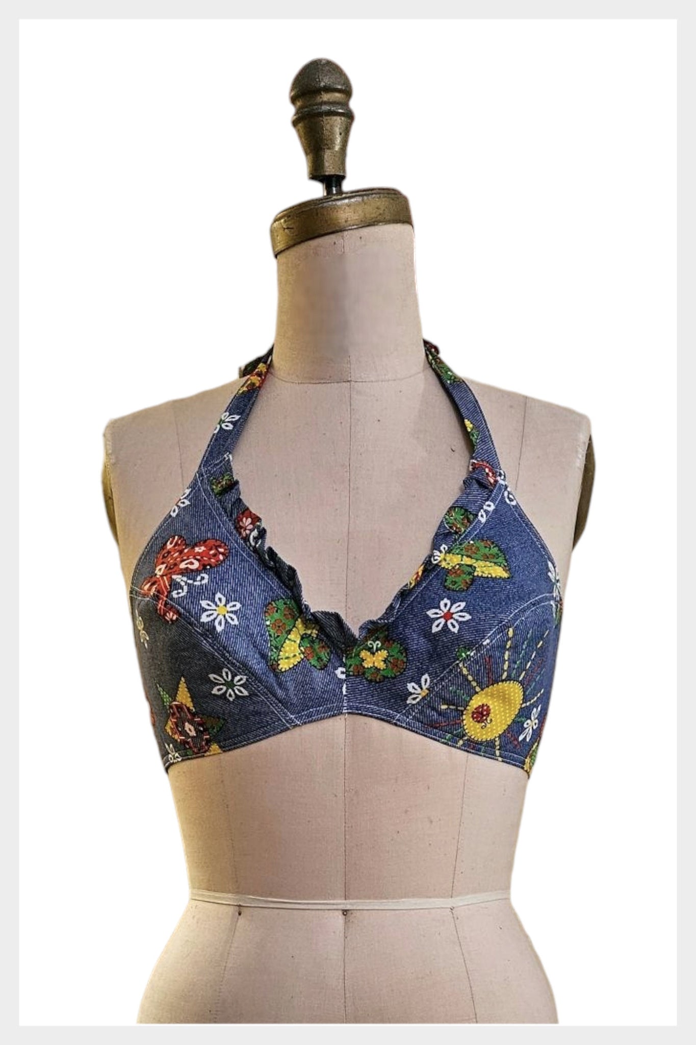 1970s novelty print boho halter top | vintage 70s rockabilly bra top | blue beach party pin up top | 34C