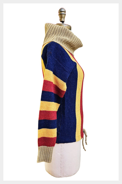 1970s cowl neck striped multi-coloured sweater with drawstring waist | size small