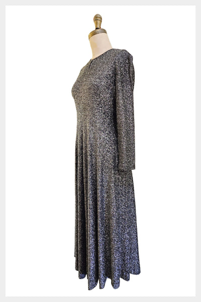 1960s metallic cocktail maxi dress | 1960s wiggle metallic silver and black party dress | Size Large