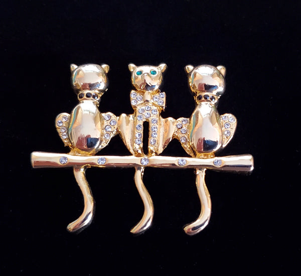 1960s vintage cat brooch | 60s gold tone and rhinestone kitty pin