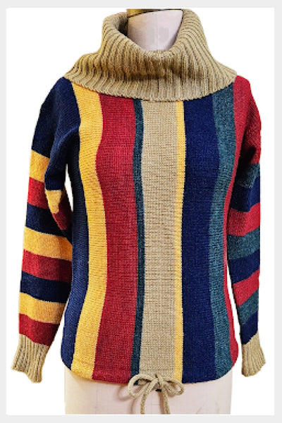 1970s cowl neck striped multi-coloured sweater with drawstring waist | size small