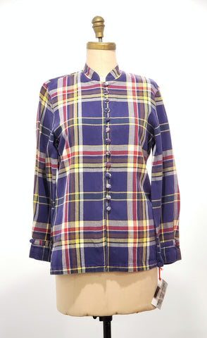 Vintage 1970s French plaid shirt | 70s cotton plaid print button front shirt size S - M