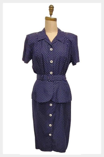 1980s does 1940s in this navy and polka dot rayon peplum waist dress | medium