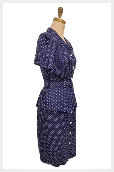 1980s does 1940s in this navy and polka dot rayon peplum waist dress | medium