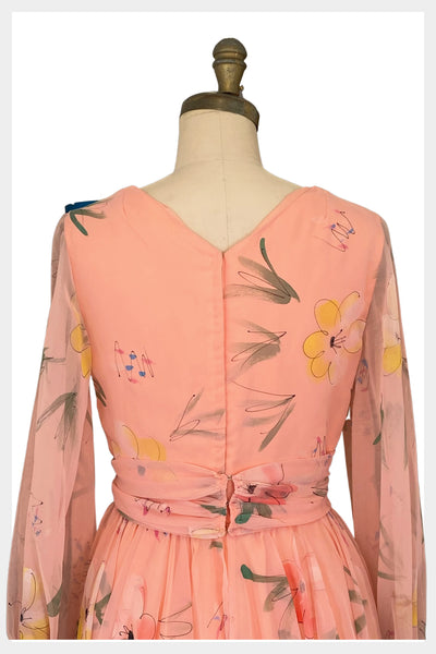 1970s tiered chiffon peach floral cocktail party dress | size medium