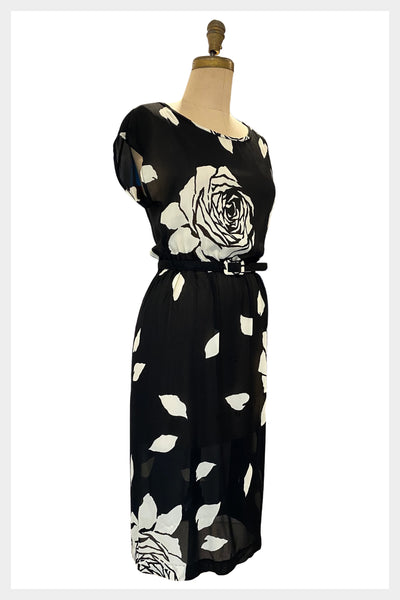 1970s black and white rose floral sheath/wiggle dress by Algo | size small