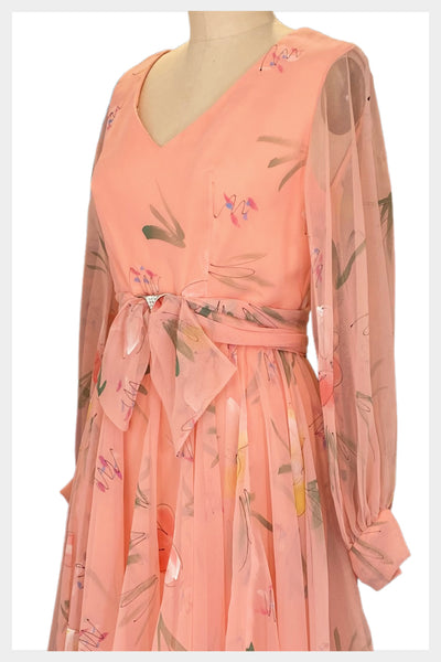 1970s tiered chiffon peach floral cocktail party dress | size medium