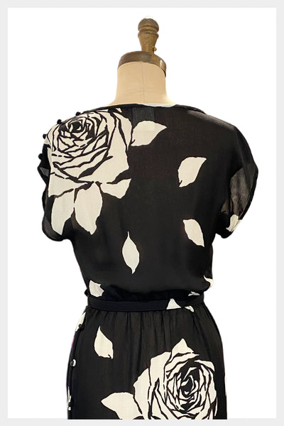 1970s black and white rose floral sheath/wiggle dress by Algo | size small