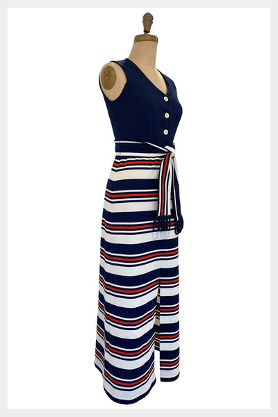 1970s MOD striped and solid maxi hostess dress by CARON of Chicago in red white and navy| small to medium