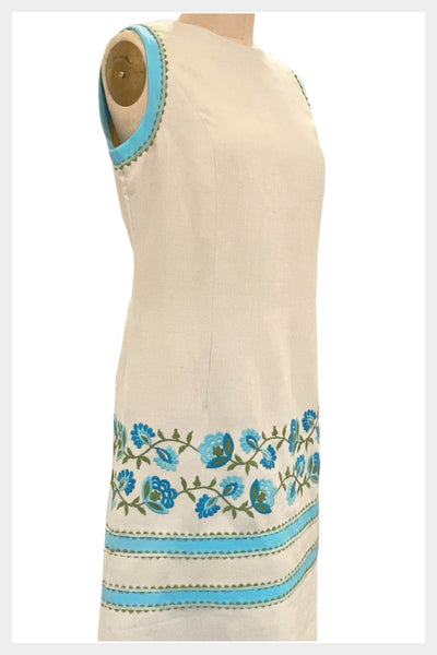 1960s day dress by Carlyle Moygashel Irish linen sheath style with embroidered floral border | size medium