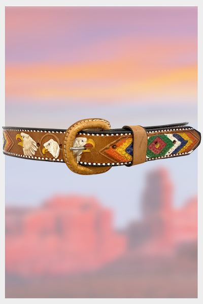 1970s hand tooled hand painted Mexican vintage leather belt with American eagles  | Size 26 -30