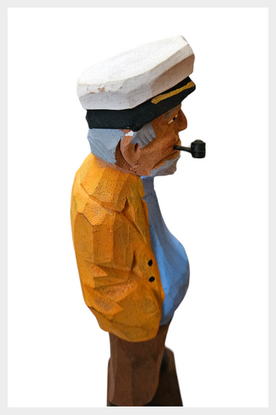 1980s Tall Hand Carved Fisherman / Sea Captain w Pipe, Orange Jacket and Blue Shirt Statue