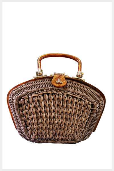 1950s mocha plastic wicker purse accented with caramel lucite and brass tone hardware | made in Honk Kong handbag