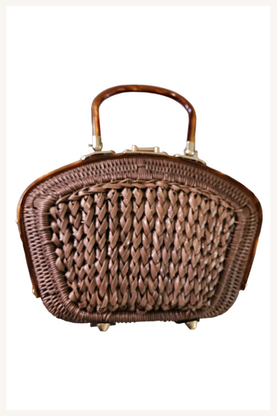 1950s mocha plastic wicker purse accented with caramel lucite and brass tone hardware | made in Honk Kong handbag