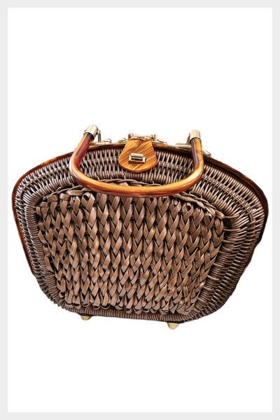 1950s mocha plastic wicker purse accented with caramel lucite and brass tone hardware | made in Honk Kong handbag