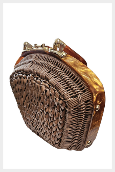 1950s mocha plastic wicker purse accented with caramel lucite and brass tone hardware | made in Honk Kong handbag