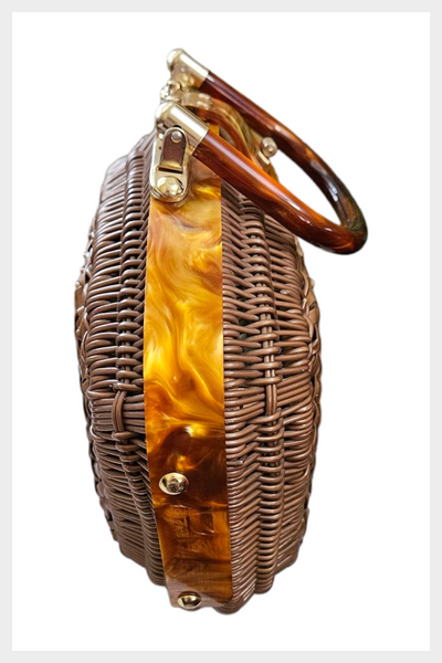 1950s mocha plastic wicker purse accented with caramel lucite and brass tone hardware | made in Honk Kong handbag