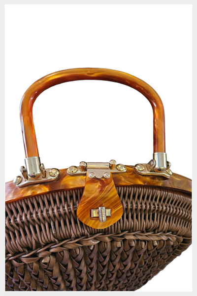 1950s mocha plastic wicker purse accented with caramel lucite and brass tone hardware | made in Honk Kong handbag